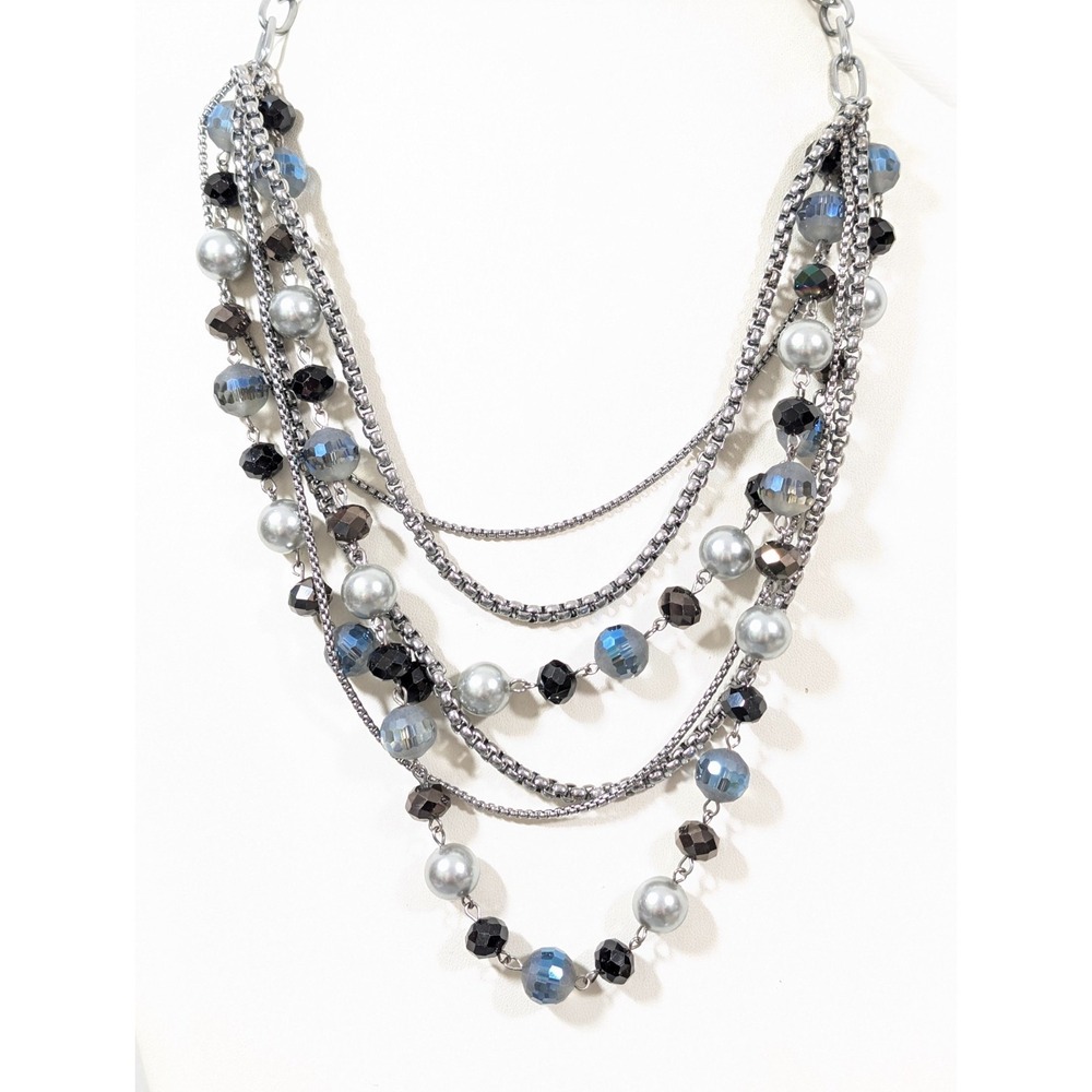 Layered Gray Beaded Statement Necklace Silver Tone Multi‎ Strand Bib 20"